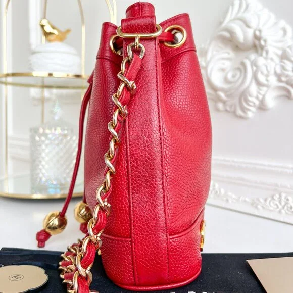 Authentic Chanel CC Bucket Mini Triple coco mark Shoulder Crossbody red B0970 - Picture 11 of 16